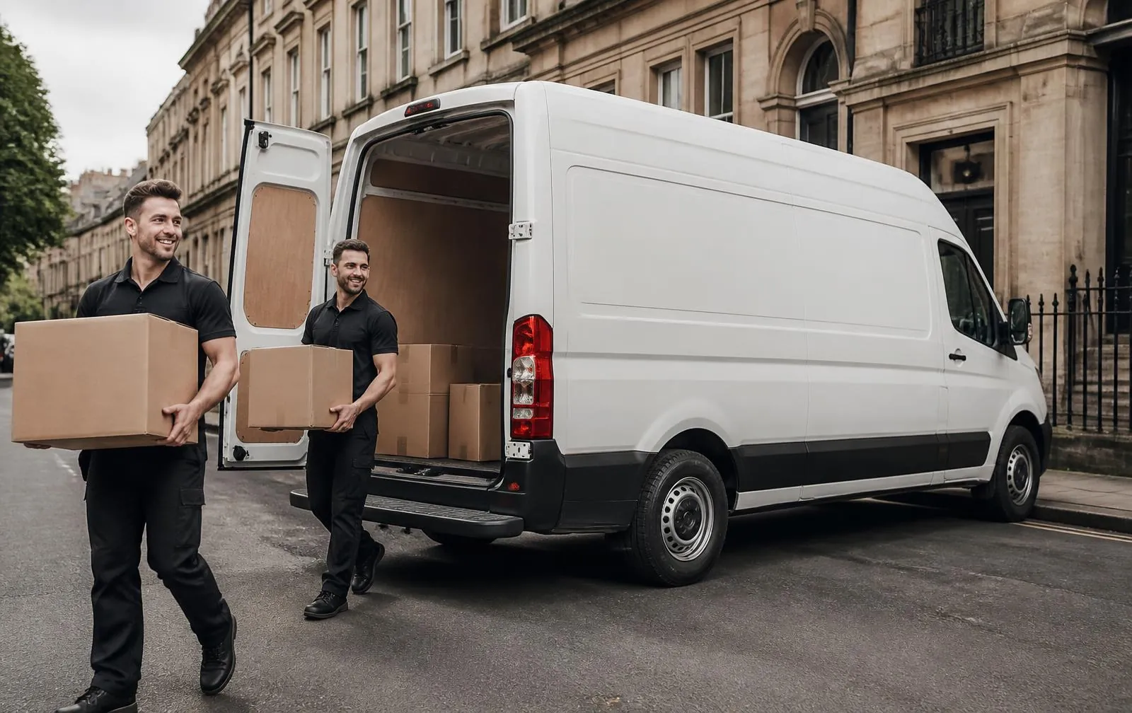 VibeMove crew loading boxes into a removal van on a Scottish street