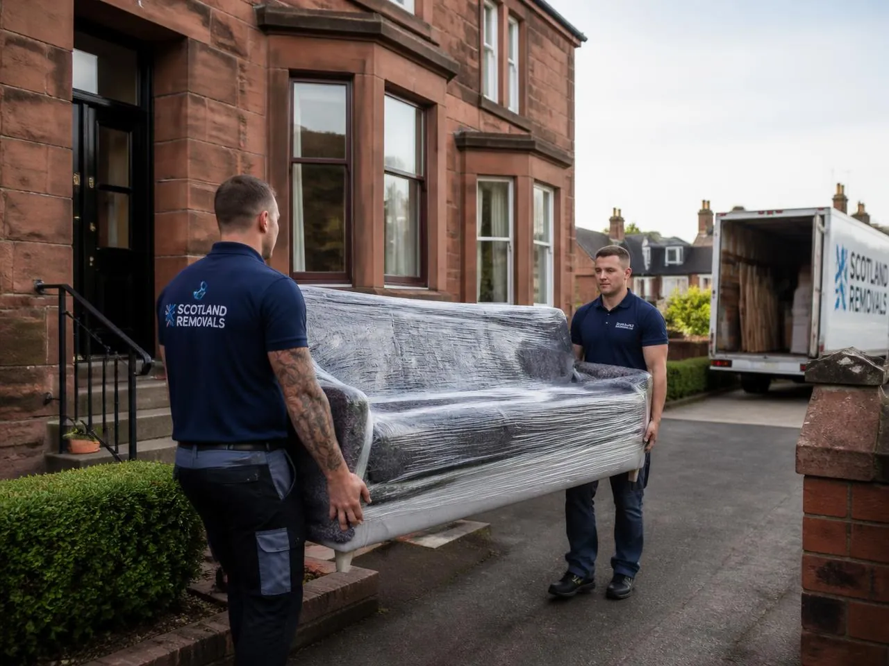 VibeMove removal team carrying a wrapped sofa out of a house during home removals in Lanarkshire