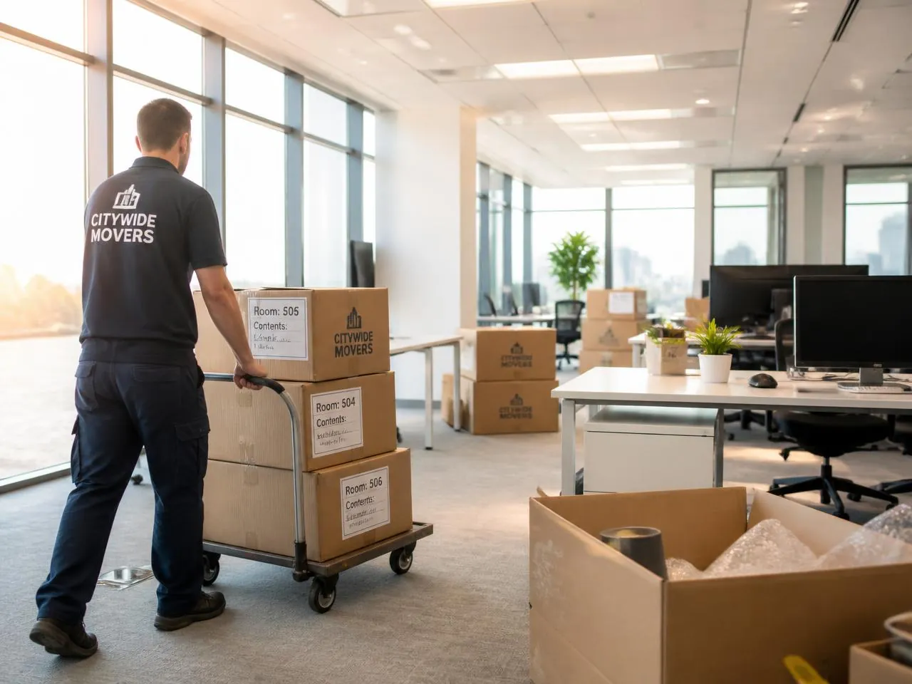 Mover wheeling labelled crates through an office during a Lanarkshire office relocation